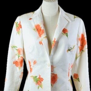 Alberto Makali Cotton Blend White Floral Rose Blazer USA Made Size 10